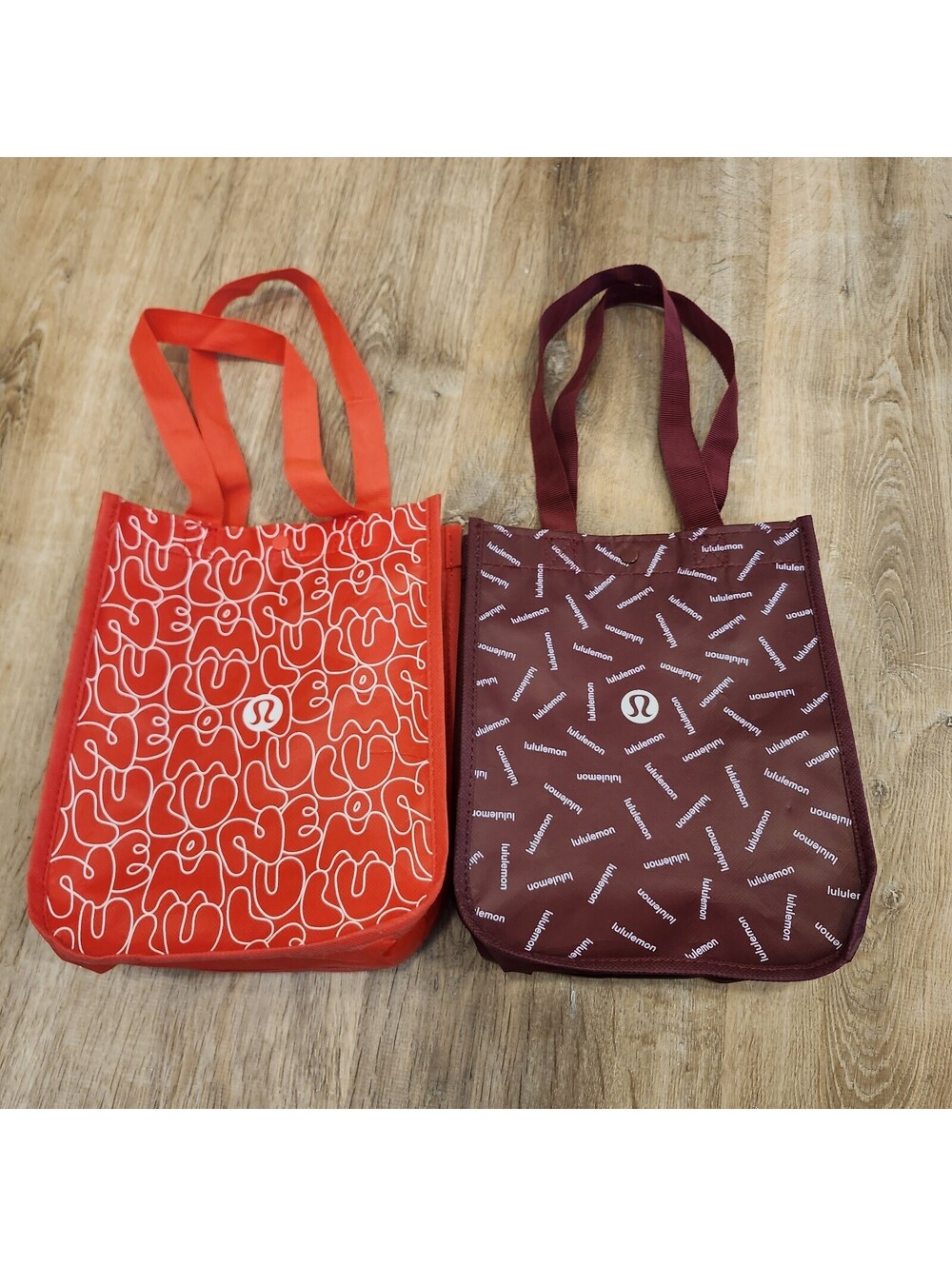 2 Lululemon Reusable Totes Small Lunch Lulu Burgundy Red White Shopping 9x12